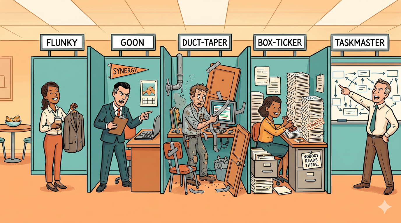 Five cubicles showing Graeber's Bullshit Jobs typology: flunky, goon, duct-taper, box-ticker, taskmaster
