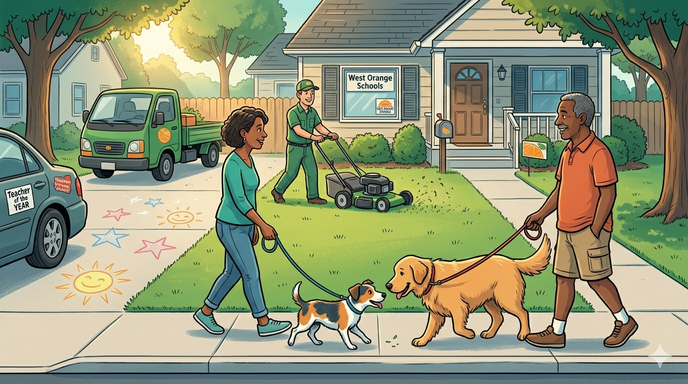 Two neighbors with dogs meeting on the sidewalk while a lawn care worker mows a teacher's yard in the background