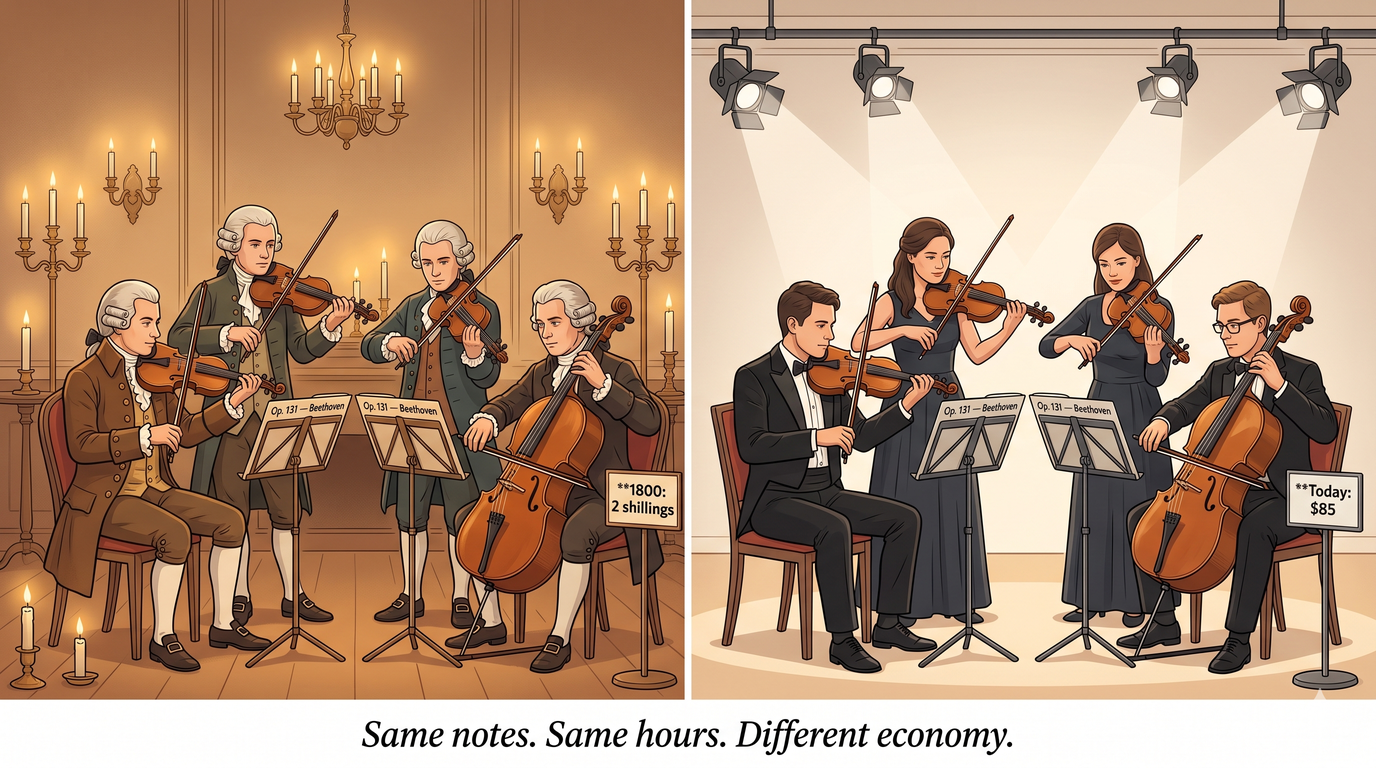 Split-panel string quartet in 1800 and today playing Beethoven's Op. 131 — same notes, same hours, different ticket prices