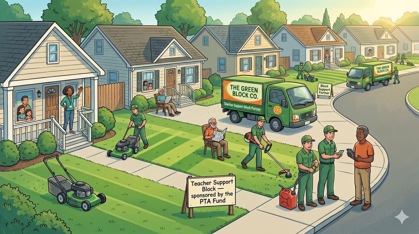 A lawn care crew efficiently servicing multiple houses on a single block, with a Teacher Support Block PTA Fund signboard