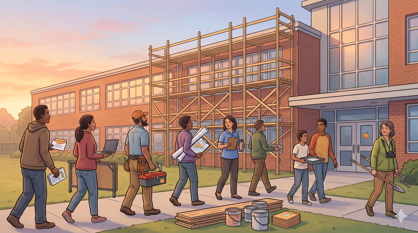 A diverse community gathering at sunrise outside a school wrapped in wooden scaffolding — the community exoskeleton made literal