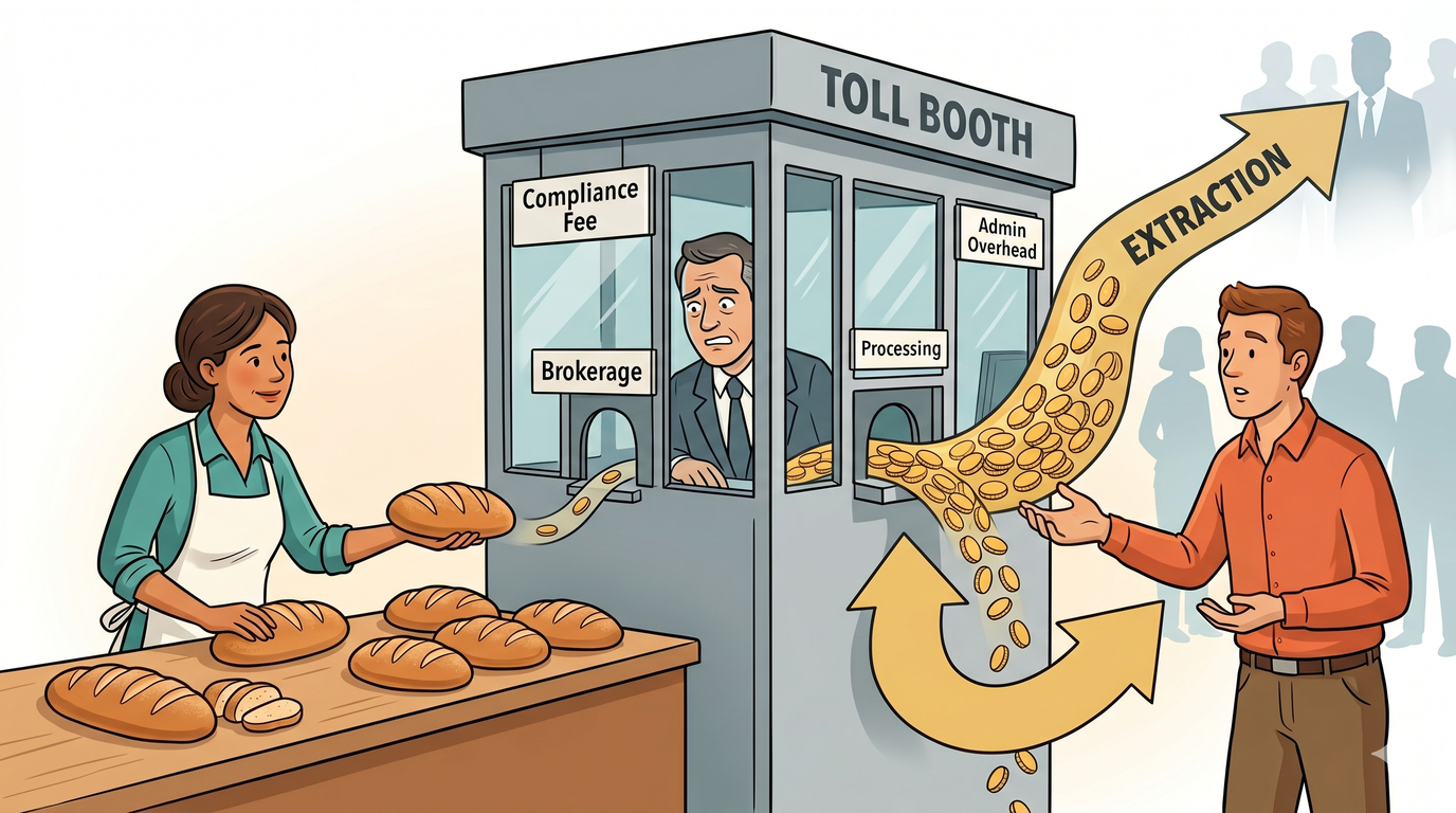 Worker and consumer separated by a bloated toll booth