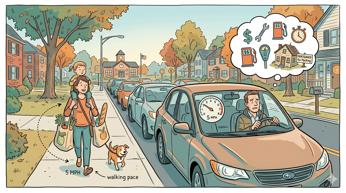 A car stuck in traffic being casually overtaken by a pedestrian — Illich's five-mile-per-hour calculation
