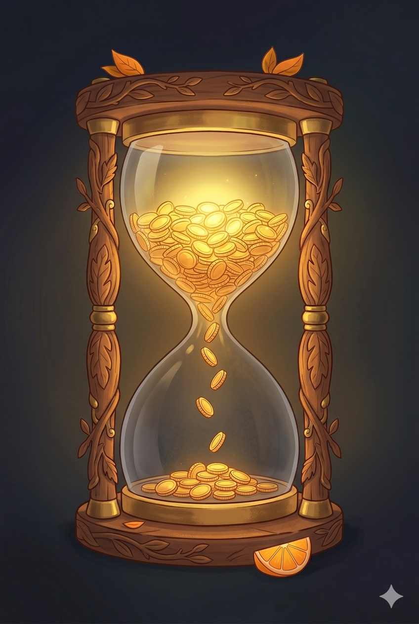 Hourglass with the top chamber full of golden coins