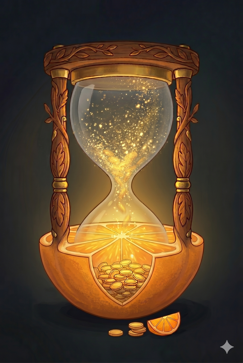Hourglass top dissolving as an orange foundation forms at the base