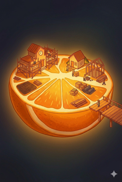 West Orange village nearly completed on top of a glowing half-orange foundation